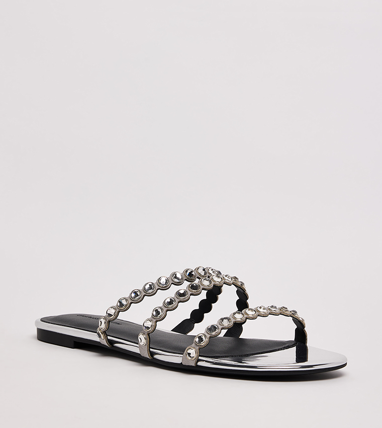 Crystal Embellished Strap Flat Sandals