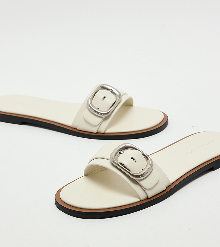 Textured Buckle-Strap Flat Sandals
