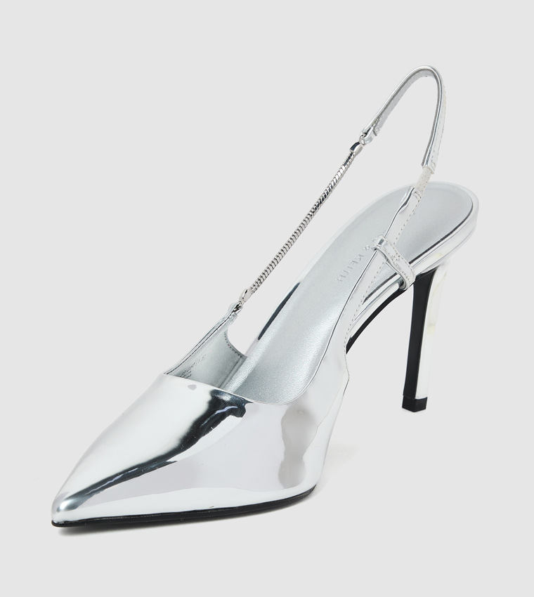 Metallic Chain Strap Slingback Pumps