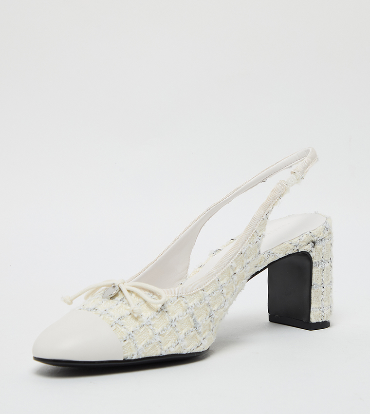Tweed Bow Detail Cap Toe Slingback Pumps