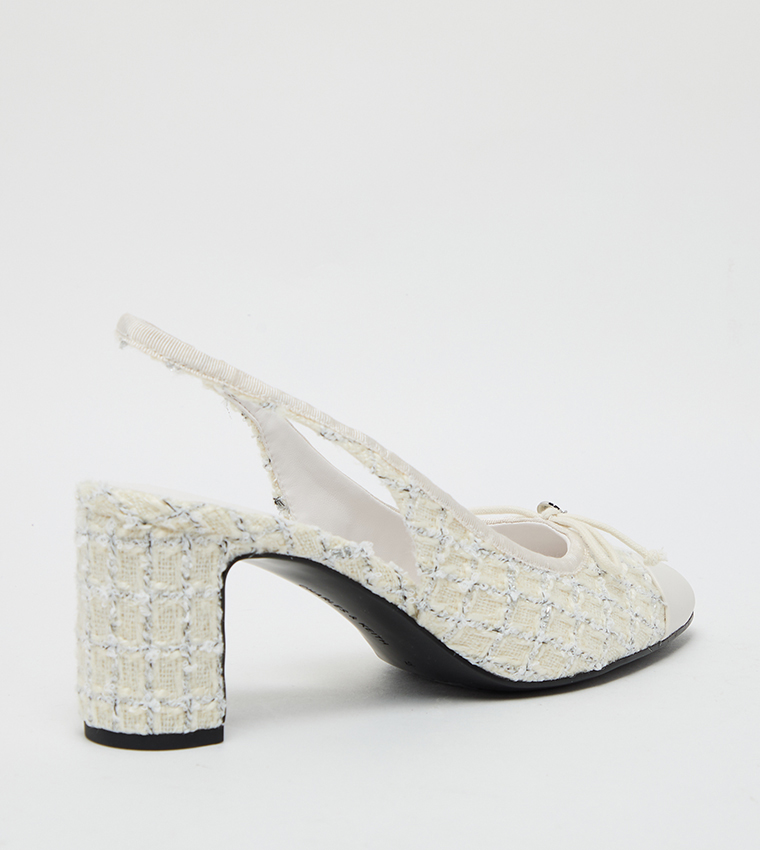 Tweed Bow Detail Cap Toe Slingback Pumps