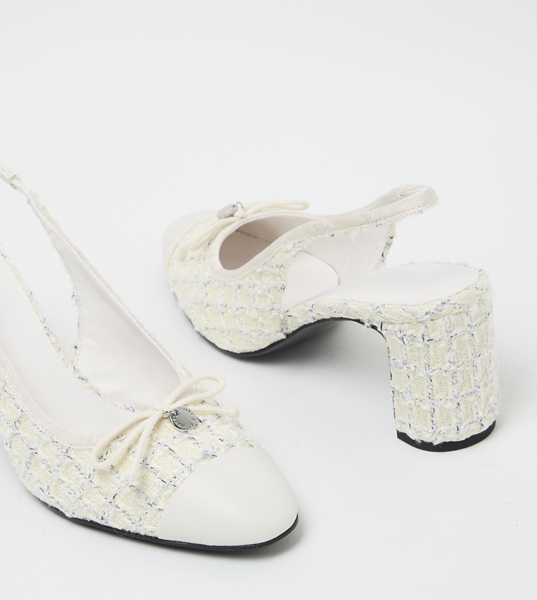 Tweed Bow Detail Cap Toe Slingback Pumps