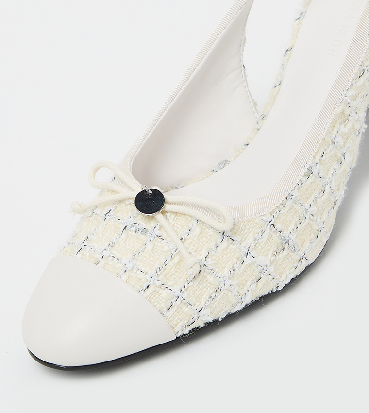 Tweed Bow Detail Cap Toe Slingback Pumps