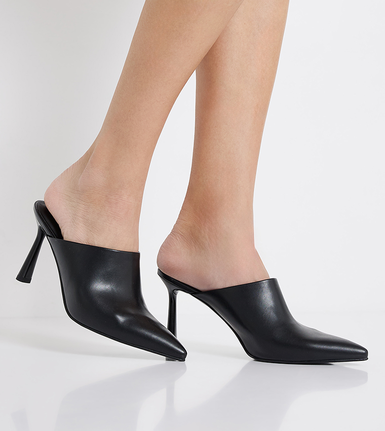 Solid Pointed Toe Heeled Mules