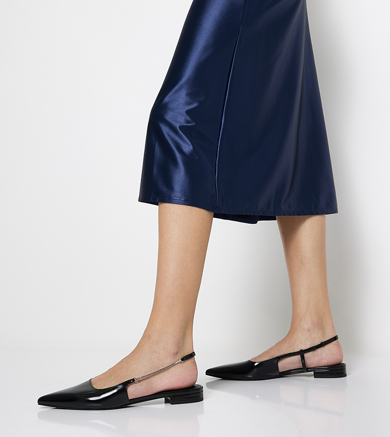 Pointed-Toe Chain Strap Slingback Flats