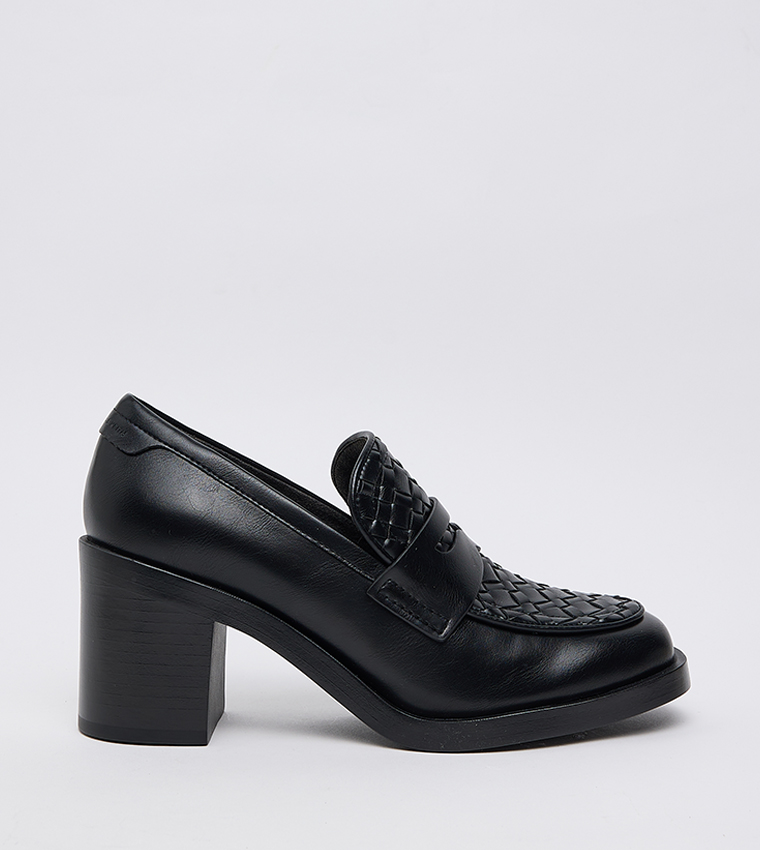 Woven Detail Block Heel Penny Loafer Pumps