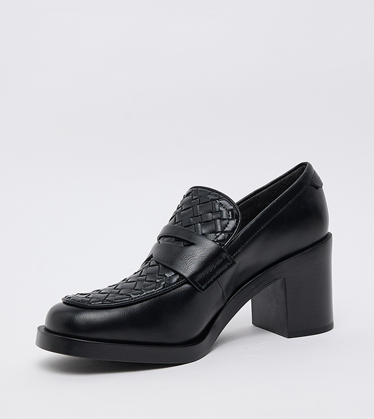 Woven Detail Block Heel Penny Loafer Pumps