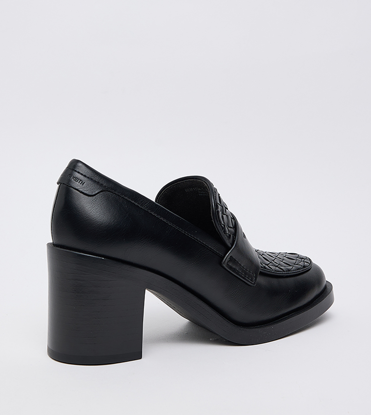Woven Detail Block Heel Penny Loafer Pumps