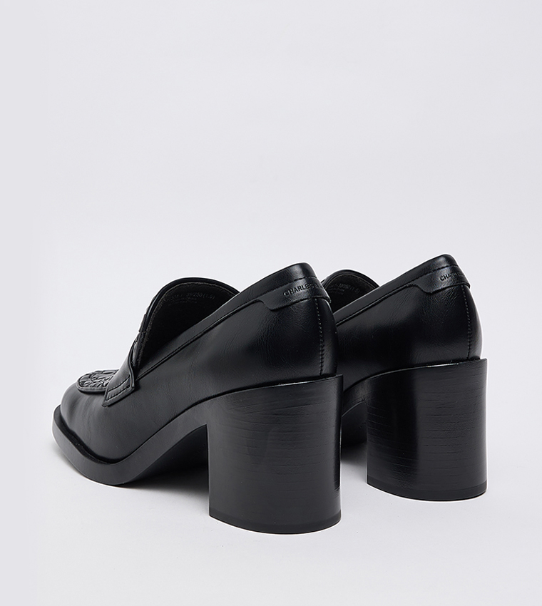 Woven Detail Block Heel Penny Loafer Pumps