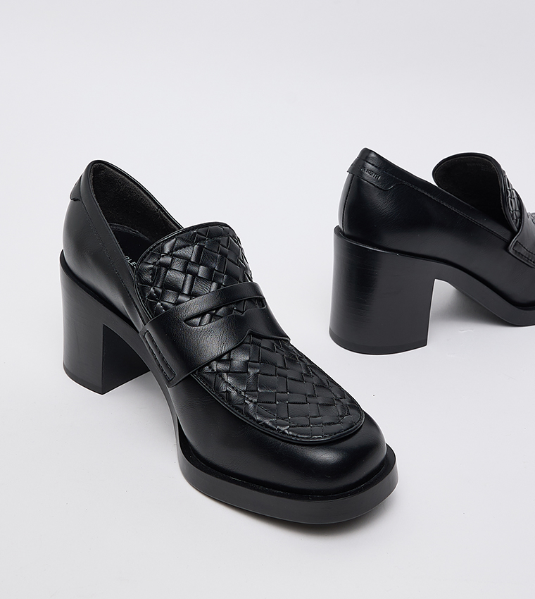 Woven Detail Block Heel Penny Loafer Pumps