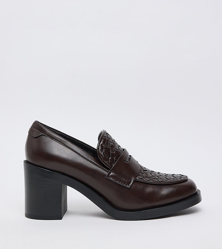 Woven Detail Block Heel Penny Loafer Pumps