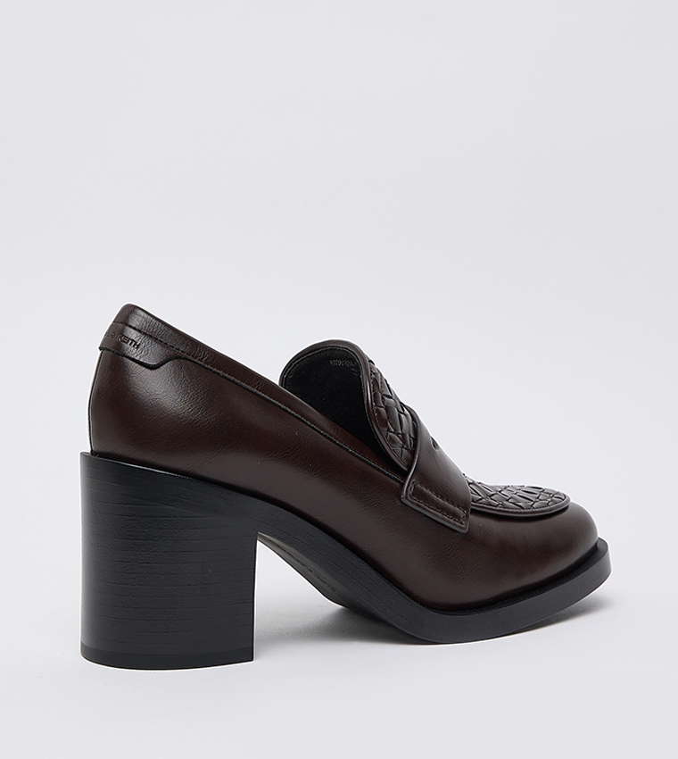 Woven Detail Block Heel Penny Loafer Pumps