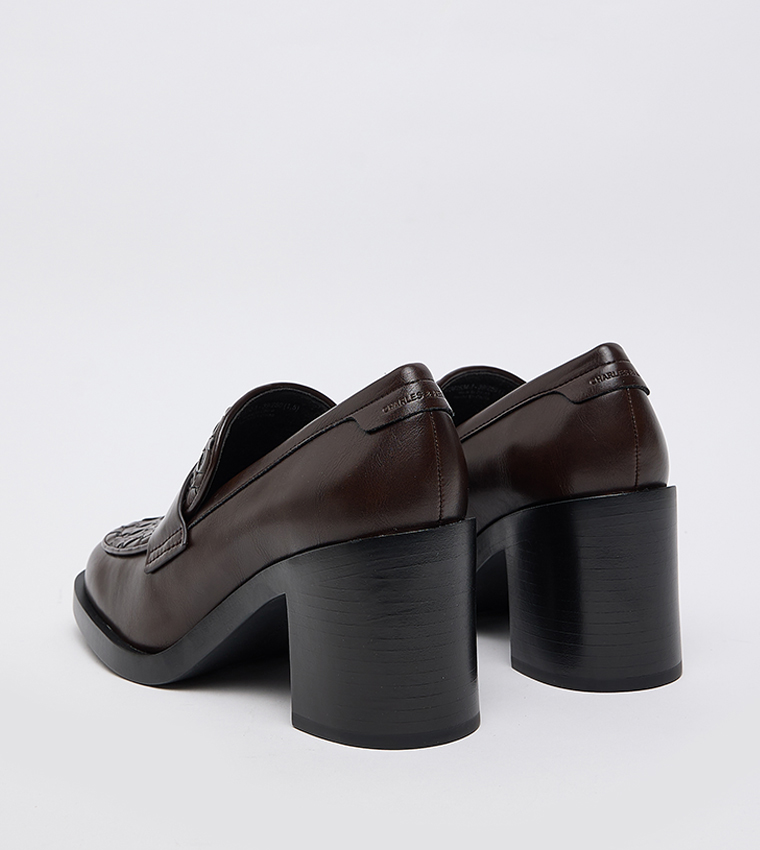 Woven Detail Block Heel Penny Loafer Pumps