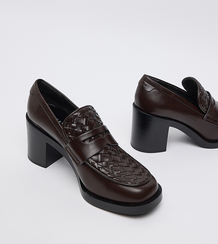 Woven Detail Block Heel Penny Loafer Pumps