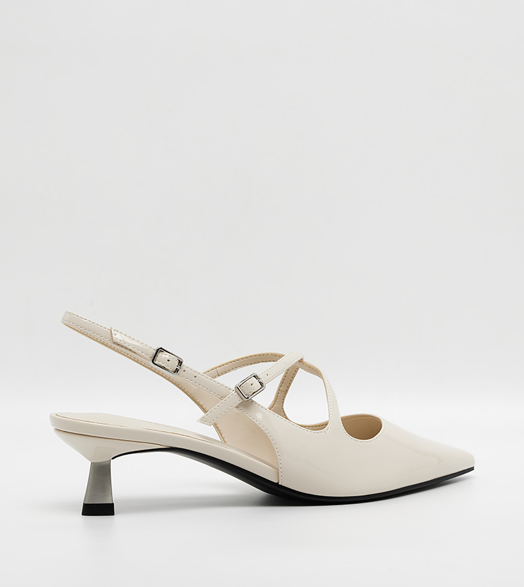 PAULINE Patent Crossover Slingback Kitten Heel Pumps