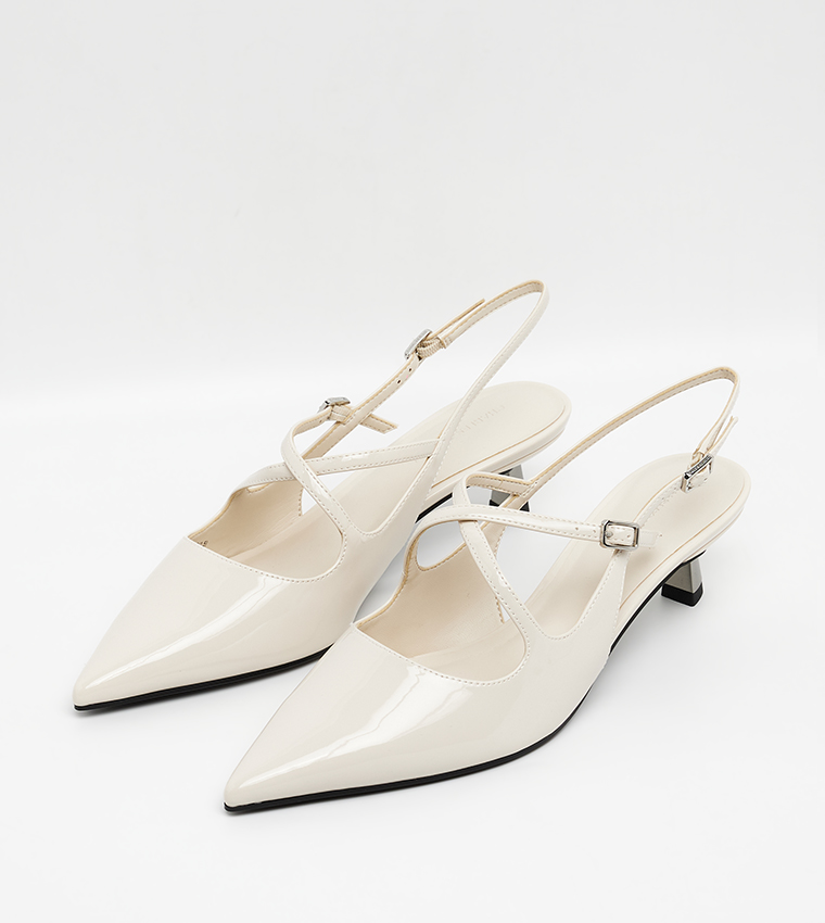 PAULINE Patent Crossover Slingback Kitten Heel Pumps