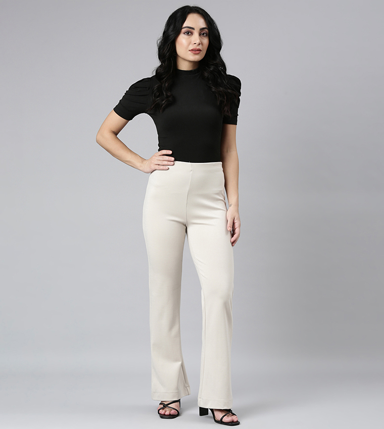 Solid High Rise Flared Pants
