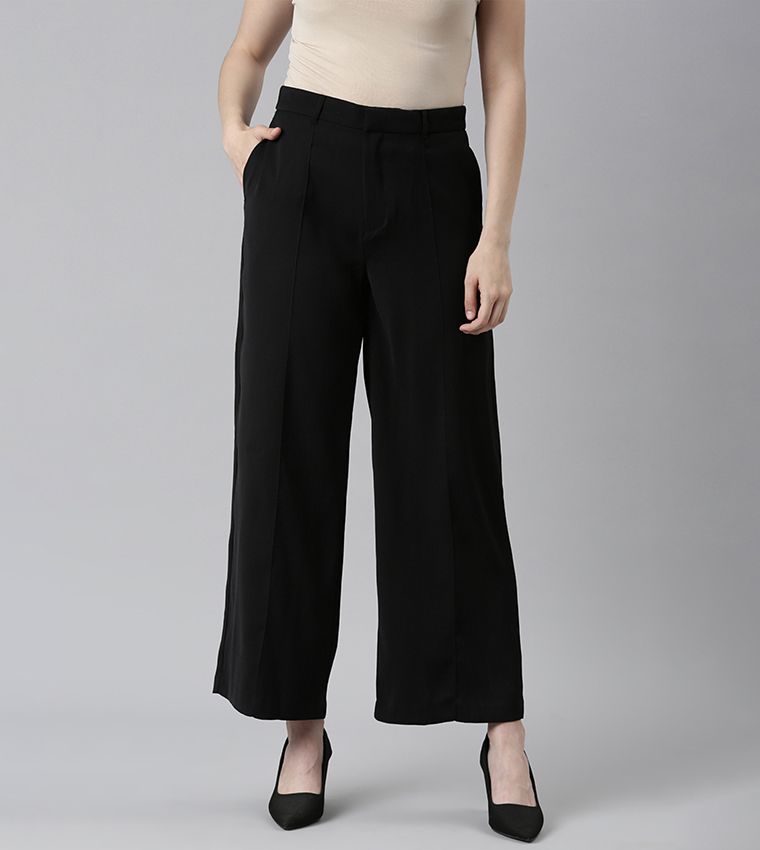Solid High Rise Crepe Wide Leg Pants