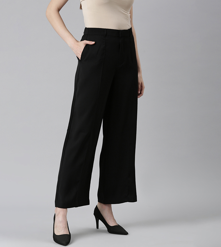 Solid High Rise Crepe Wide Leg Pants
