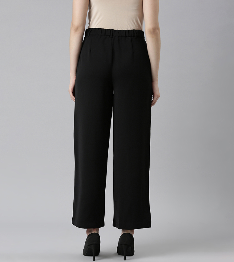 Solid High Rise Crepe Wide Leg Pants