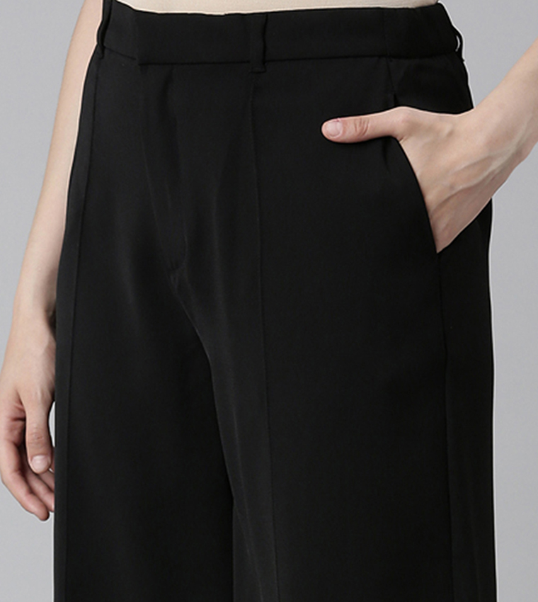 Solid High Rise Crepe Wide Leg Pants