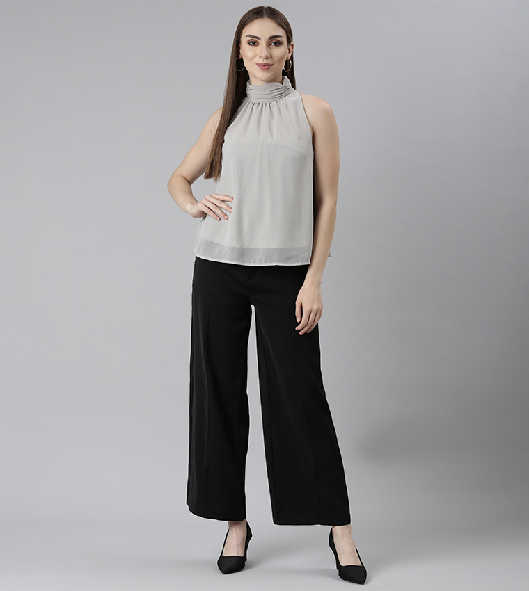 Solid High Rise Crepe Wide Leg Pants