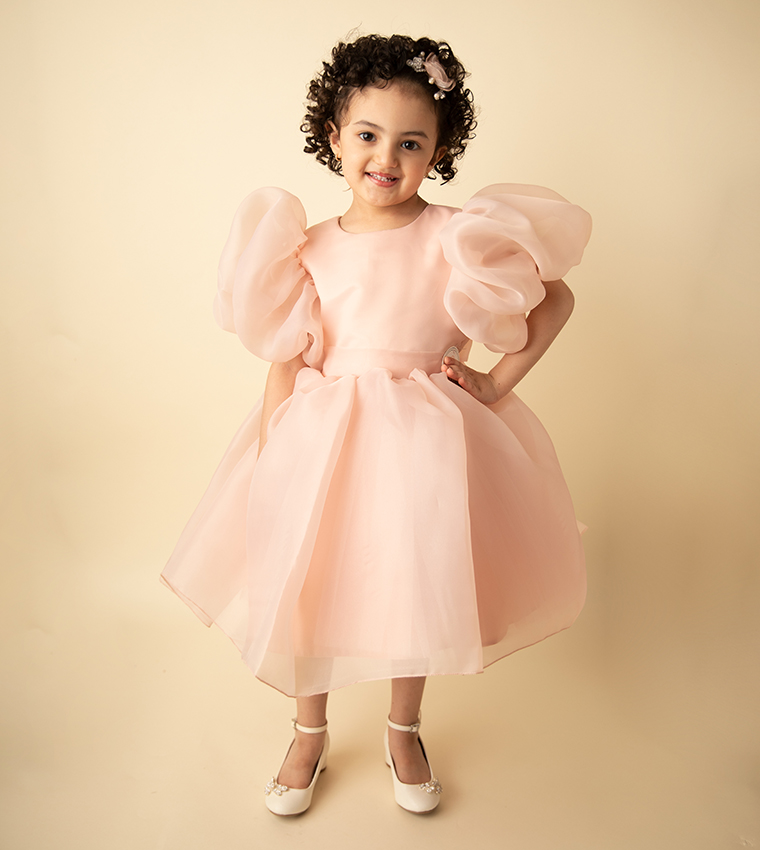 Buy Kholud Kids Evening Puff Sleeve Dress In Pink | 6thstreet