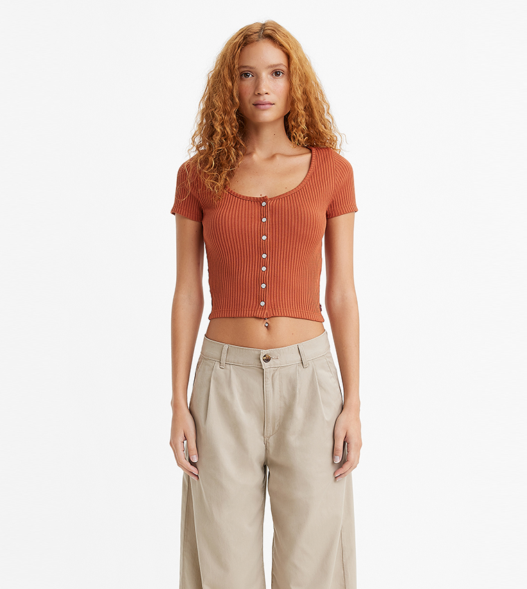 Ribbed Button-Front Top