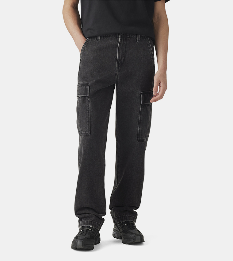 Washed Straight Fit Cargo Jeans