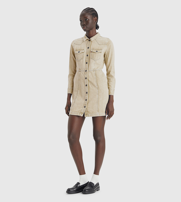 beige denim shirt dress Beige Bodycon Dress Halter Neck