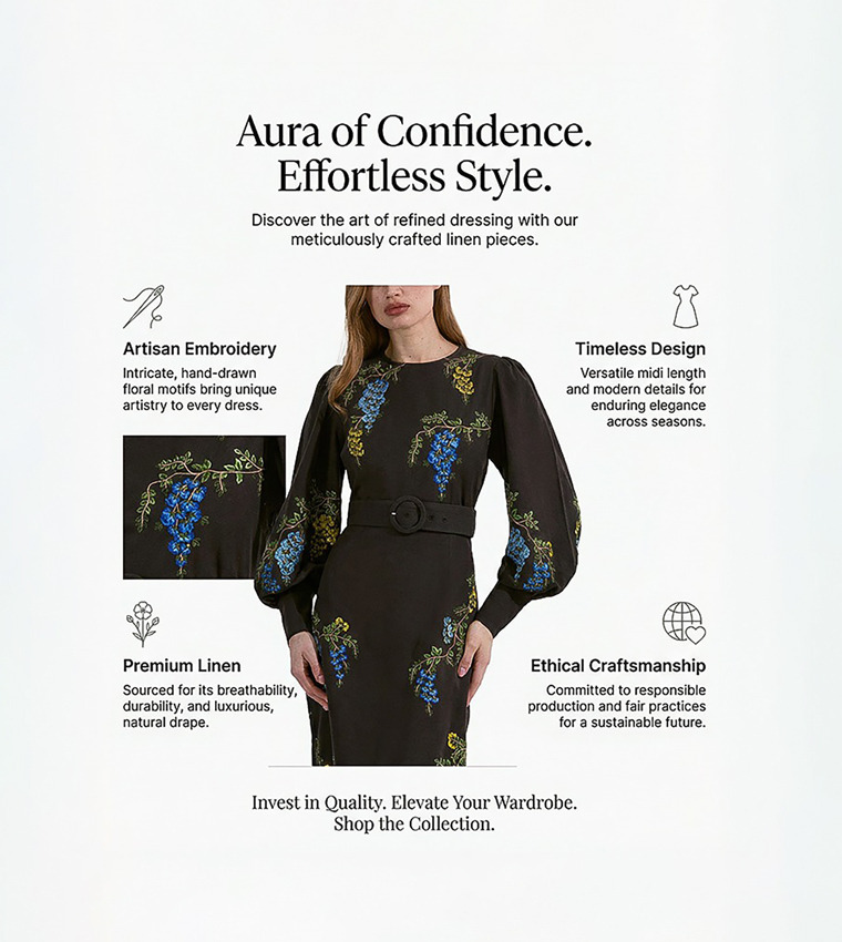 Floral Print Embroidered Linen Midi Dress