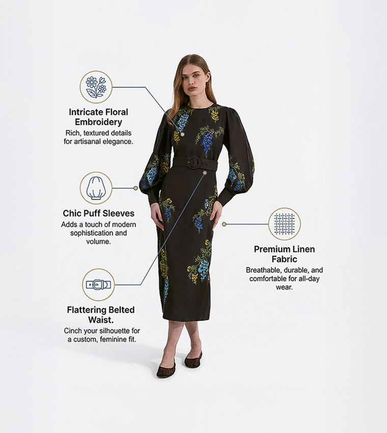 Floral Print Embroidered Linen Midi Dress