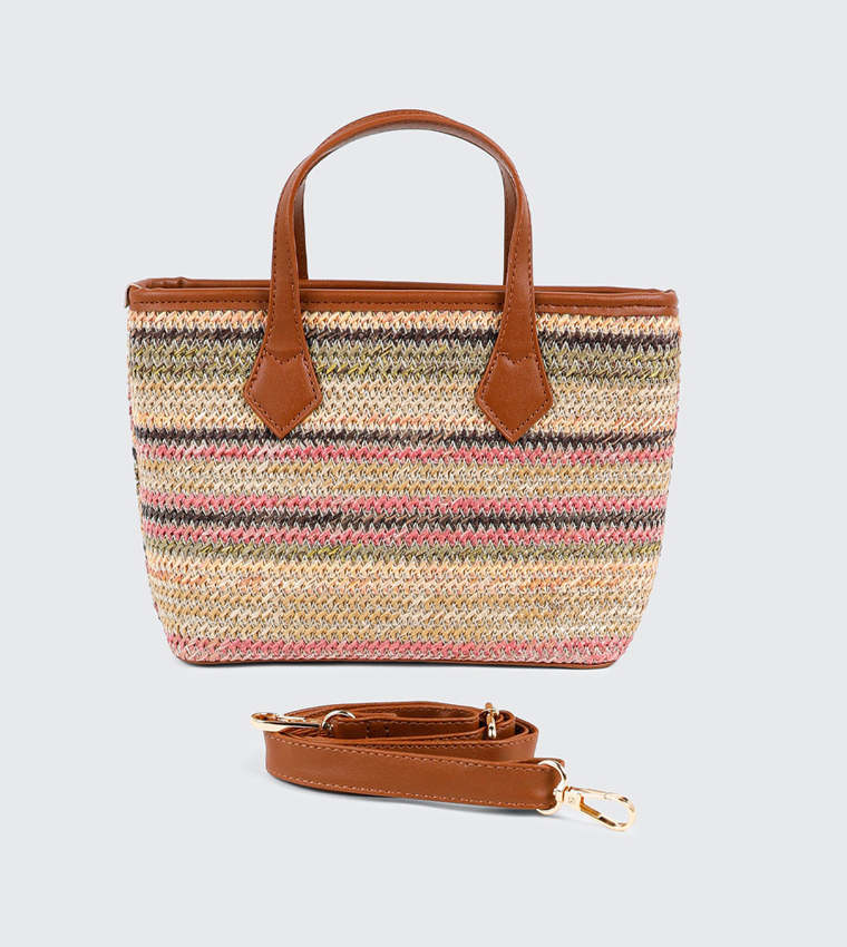 Striped Straw Weave Tote Bag