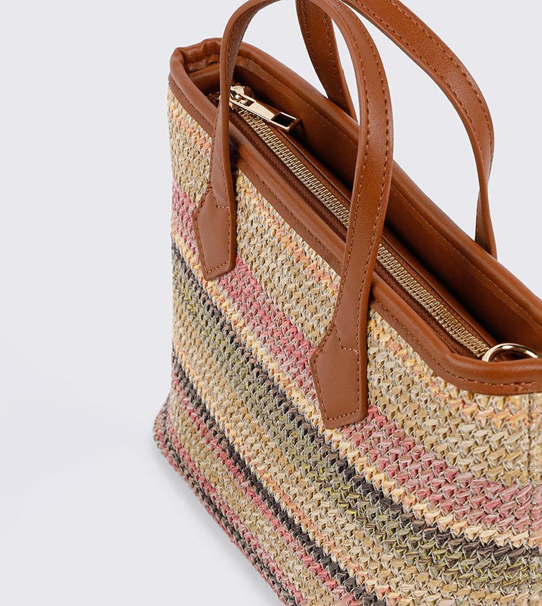 Striped Straw Weave Tote Bag
