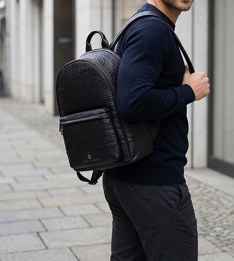 Logo Patterned Zippered Backpack