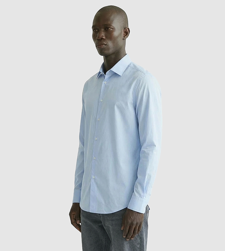 قميص بوبلين سادة كم طويل بقصة عادية