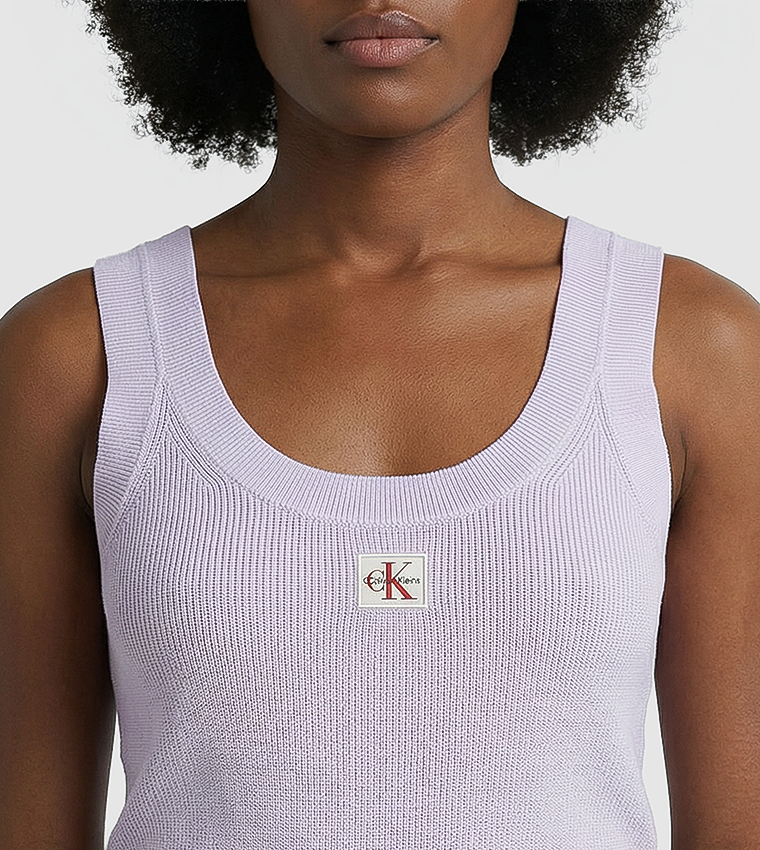 Label Detail Scoop Neck Woven Tank Top