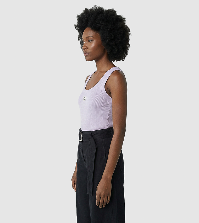 Label Detail Scoop Neck Woven Tank Top