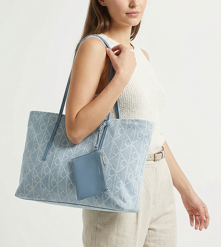 Monogram Patterned Denim Tote Bag