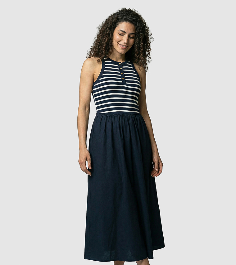 Stripe Detail Sleeveless Flared Midi Dress