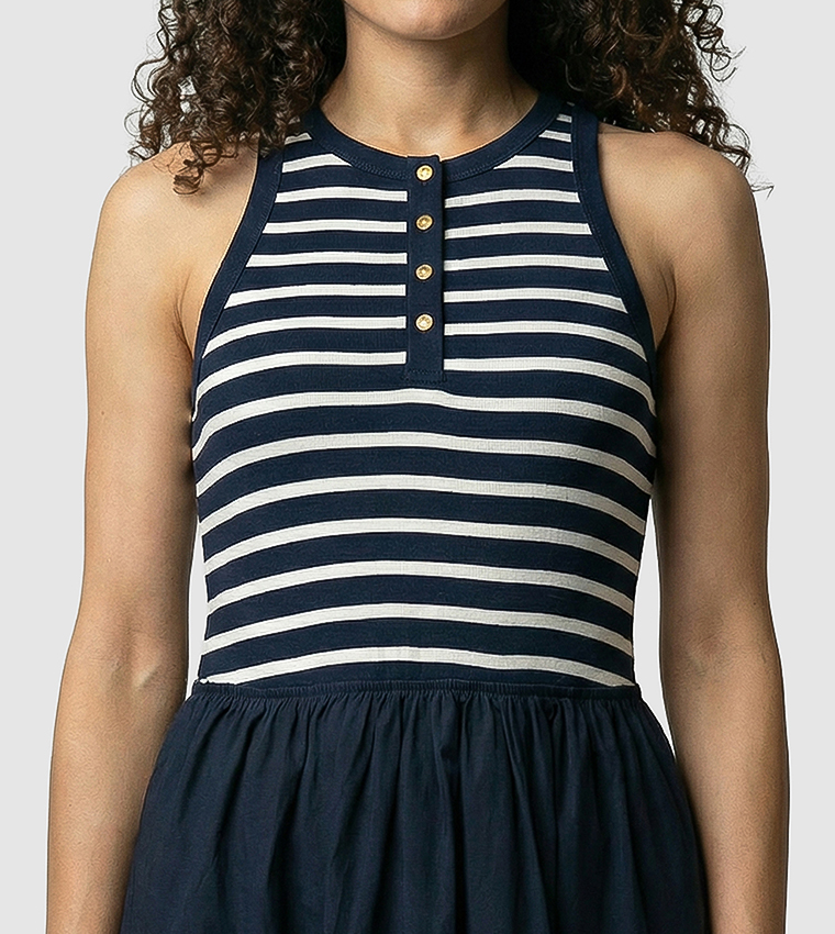 Stripe Detail Sleeveless Flared Midi Dress
