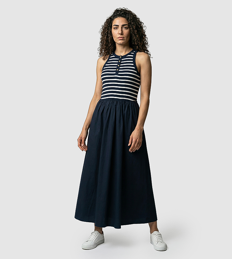 Stripe Detail Sleeveless Flared Midi Dress