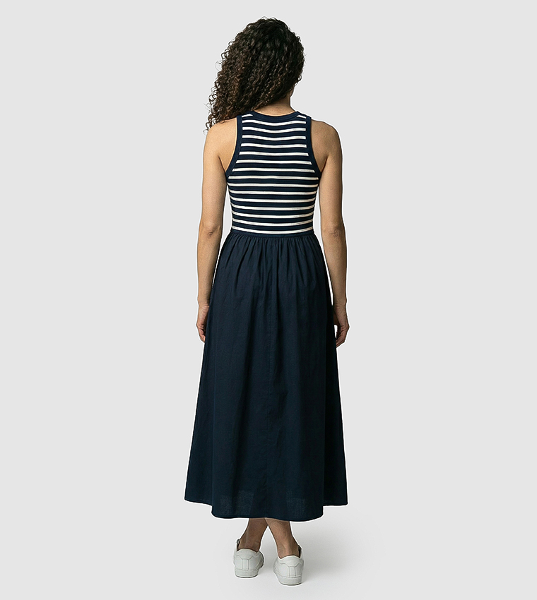 Stripe Detail Sleeveless Flared Midi Dress