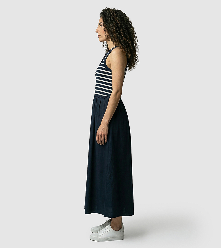 Stripe Detail Sleeveless Flared Midi Dress