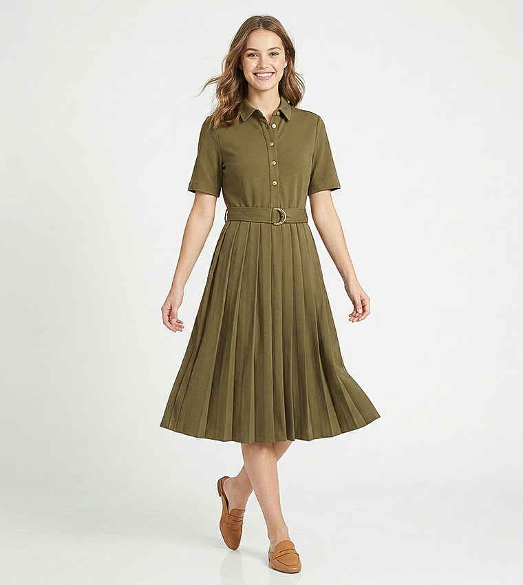 tommy hilfiger belted pleated fit & flare dress Belted Denim Fit And Flare Midi Dress | Blue