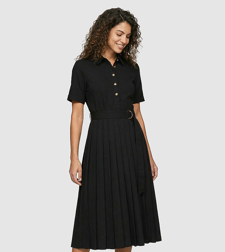 Solid Belted Flared Midi Dress