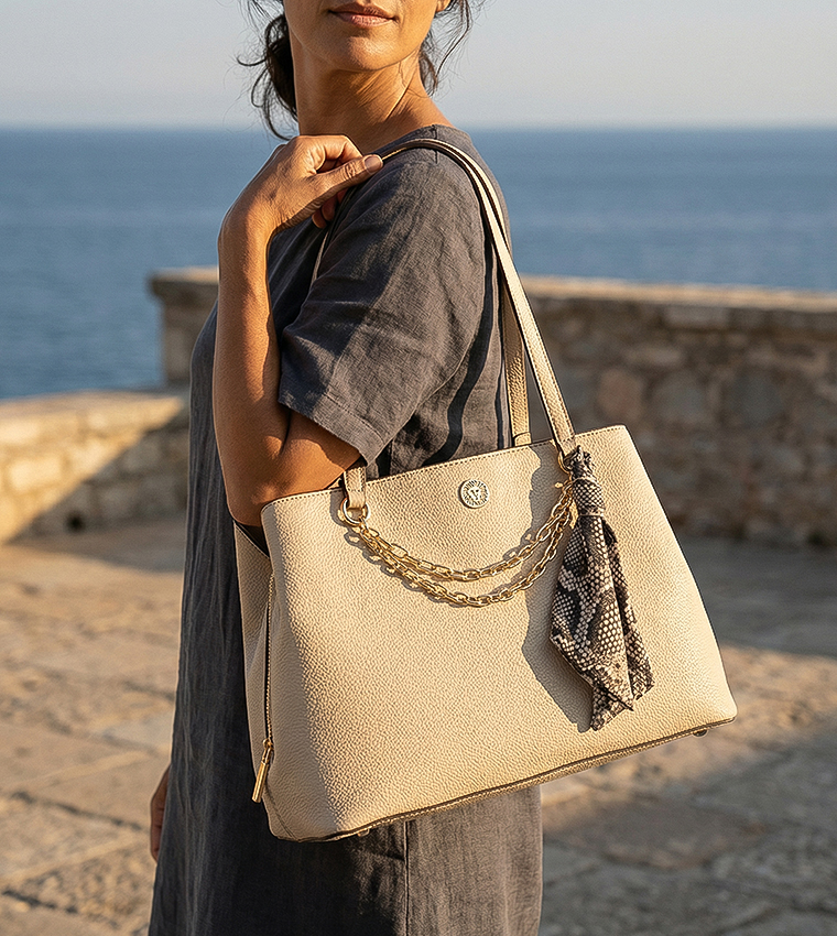 Textured Shoulder Bag with Scarf Detail