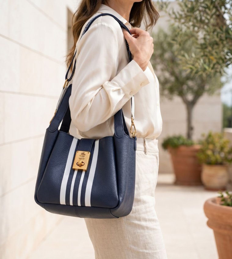 Striped Twist Lock Satchel Bag