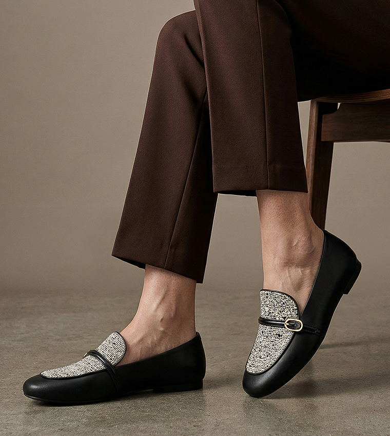 Tweed Buckle Detail Loafers