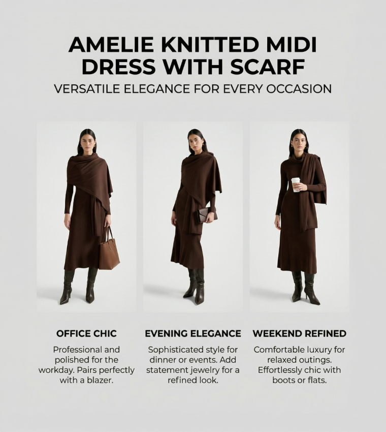 FN AMELIE A-Line Knitted Midi Dress with Scarf